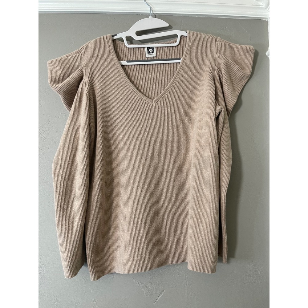 Anne Klein Womens XL Tan Beige Ribbed V-Neck Puff Shoulder Knit Sweater Top